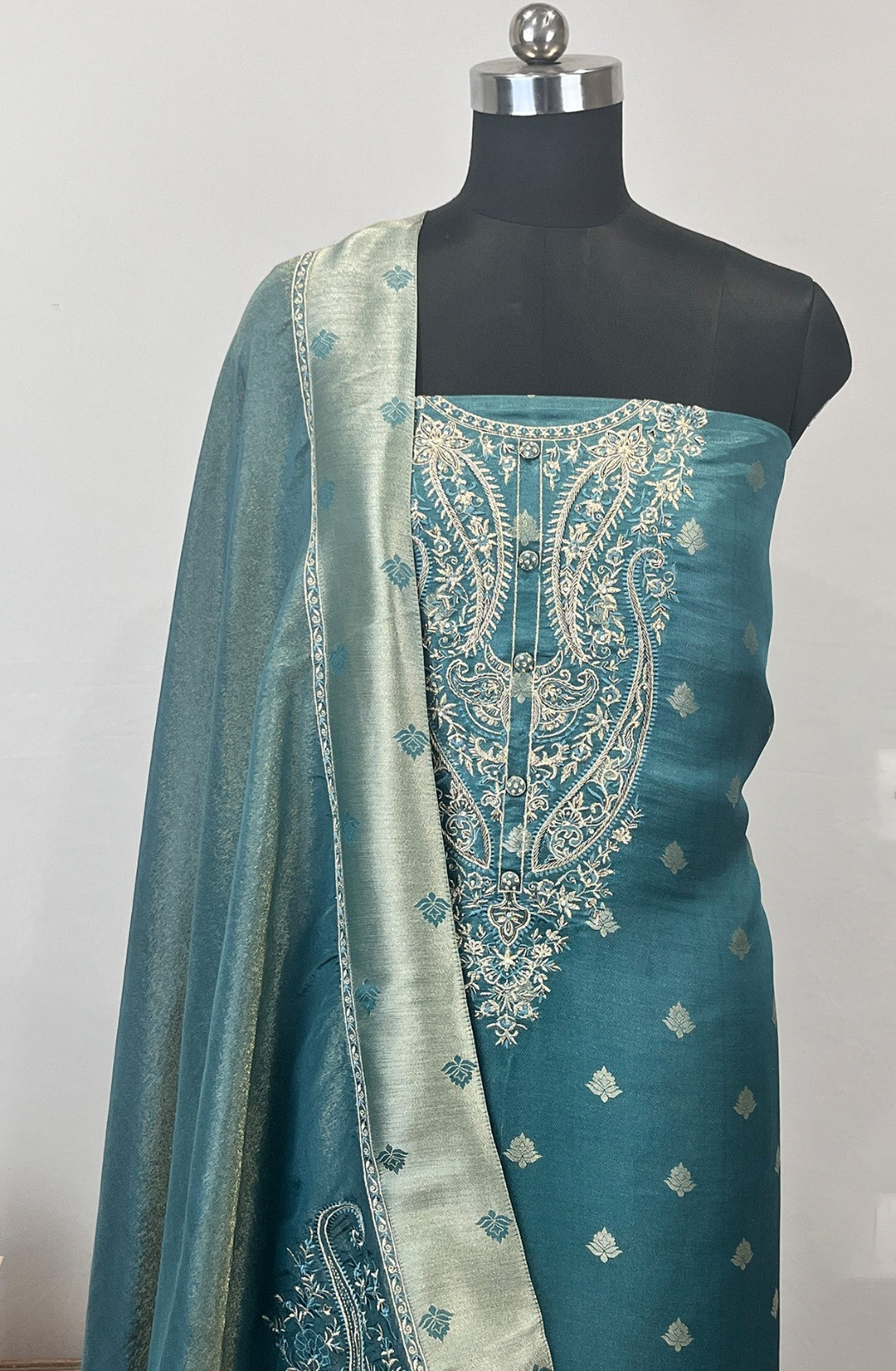 Teal Silk Suit Set with Beautiful Shimmer Dupatta - USPSLK1301-9D