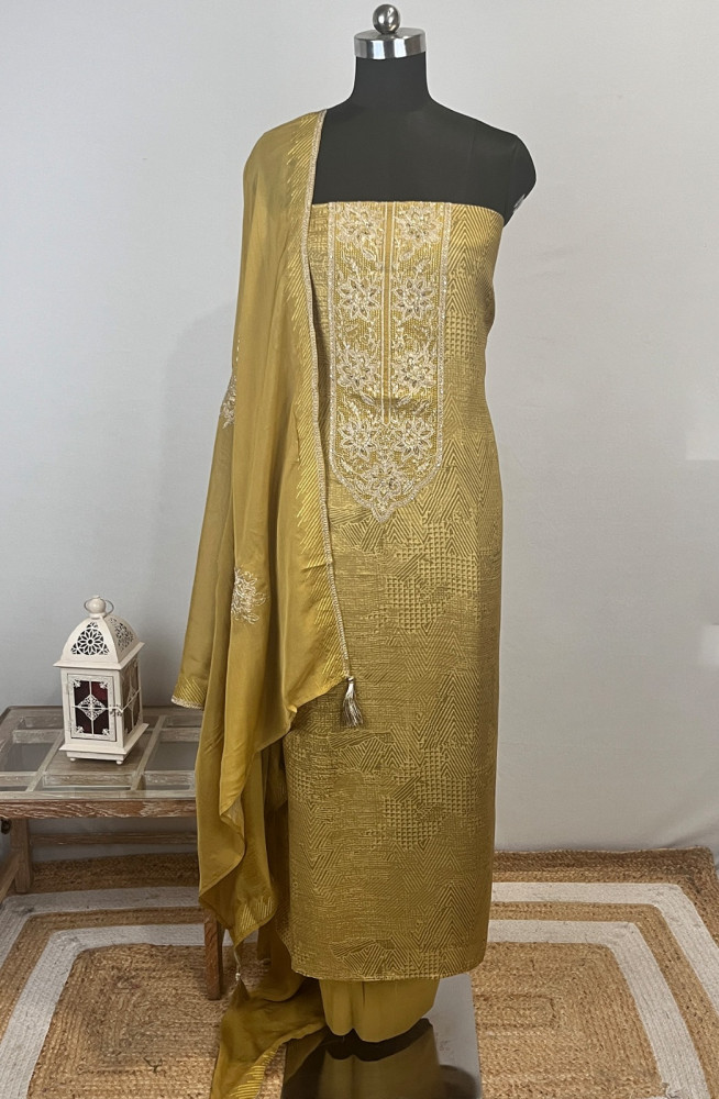 Image of Yellow Silk Suit Set with Silk Dupatta - ASM2242B