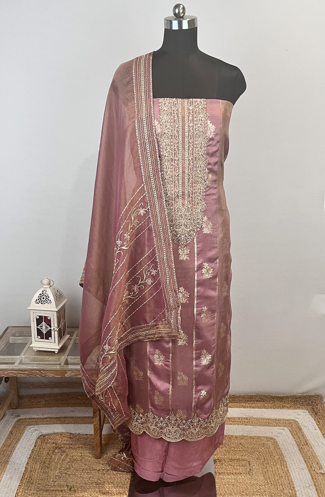 Pink Tussar Silk Beautiful Suit Set with Shimmer Dupatta - MOH2277A