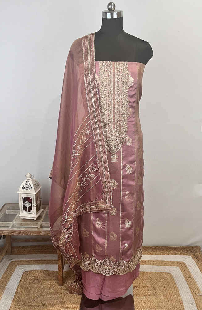 Image of Pink Tussar Silk Beautiful Suit Set with Shimmer Dupatta - MOH2277A