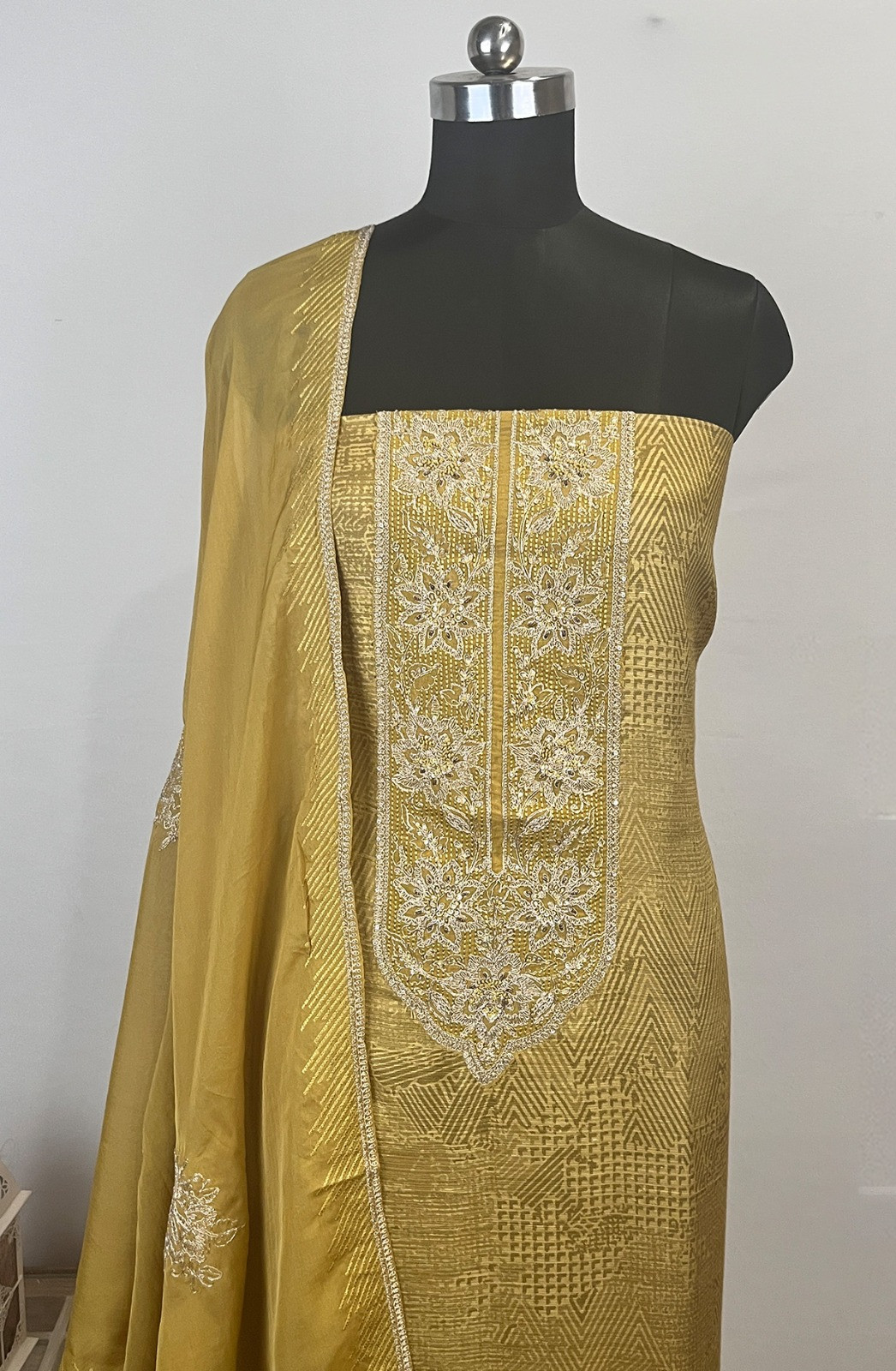 Yellow Silk Brocade  Suit Set with Silk Dupatta - USPSLK1303-1A