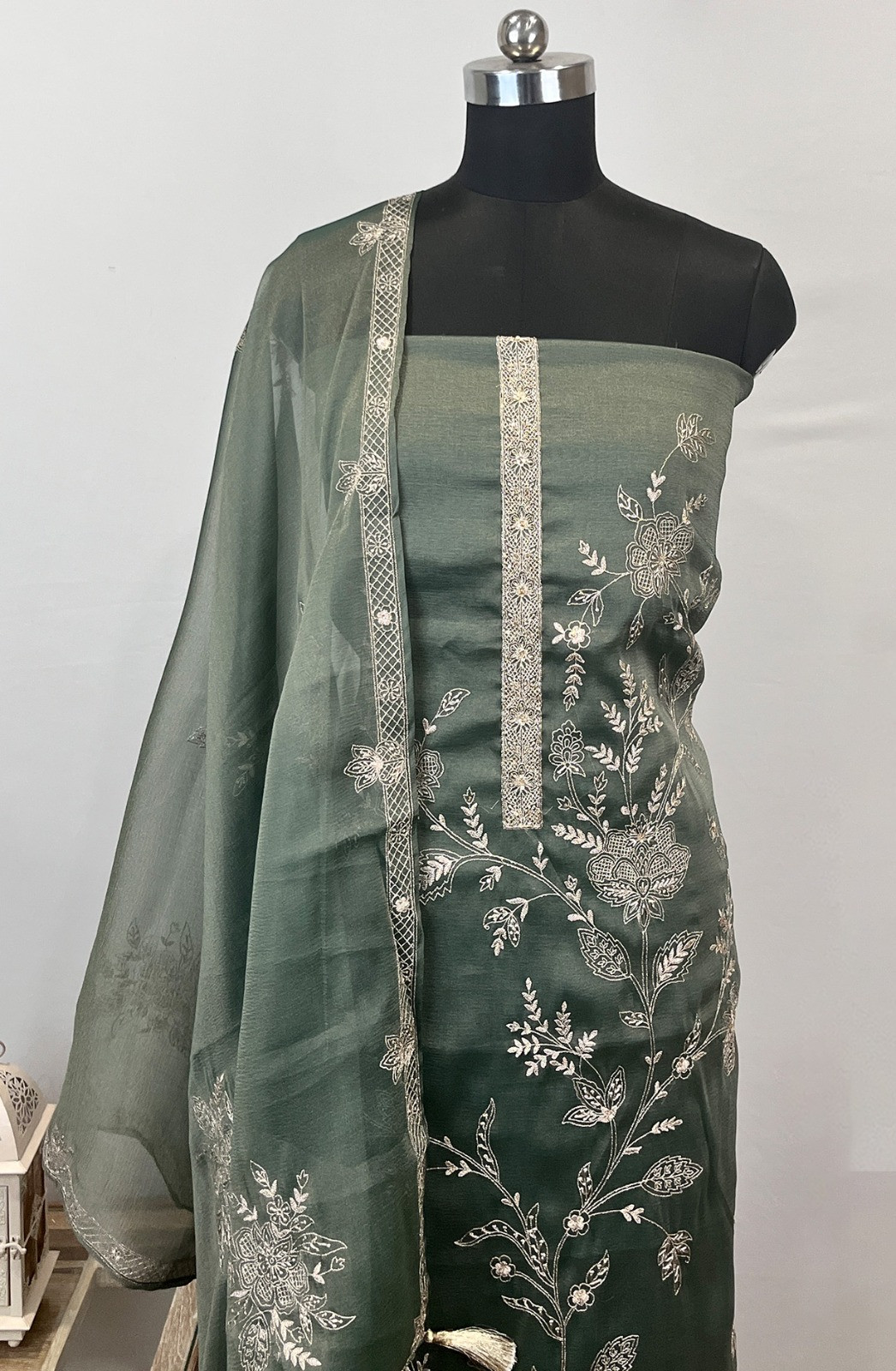 Green Suit Set with Silk Dupatta - USPSLK1301-1A