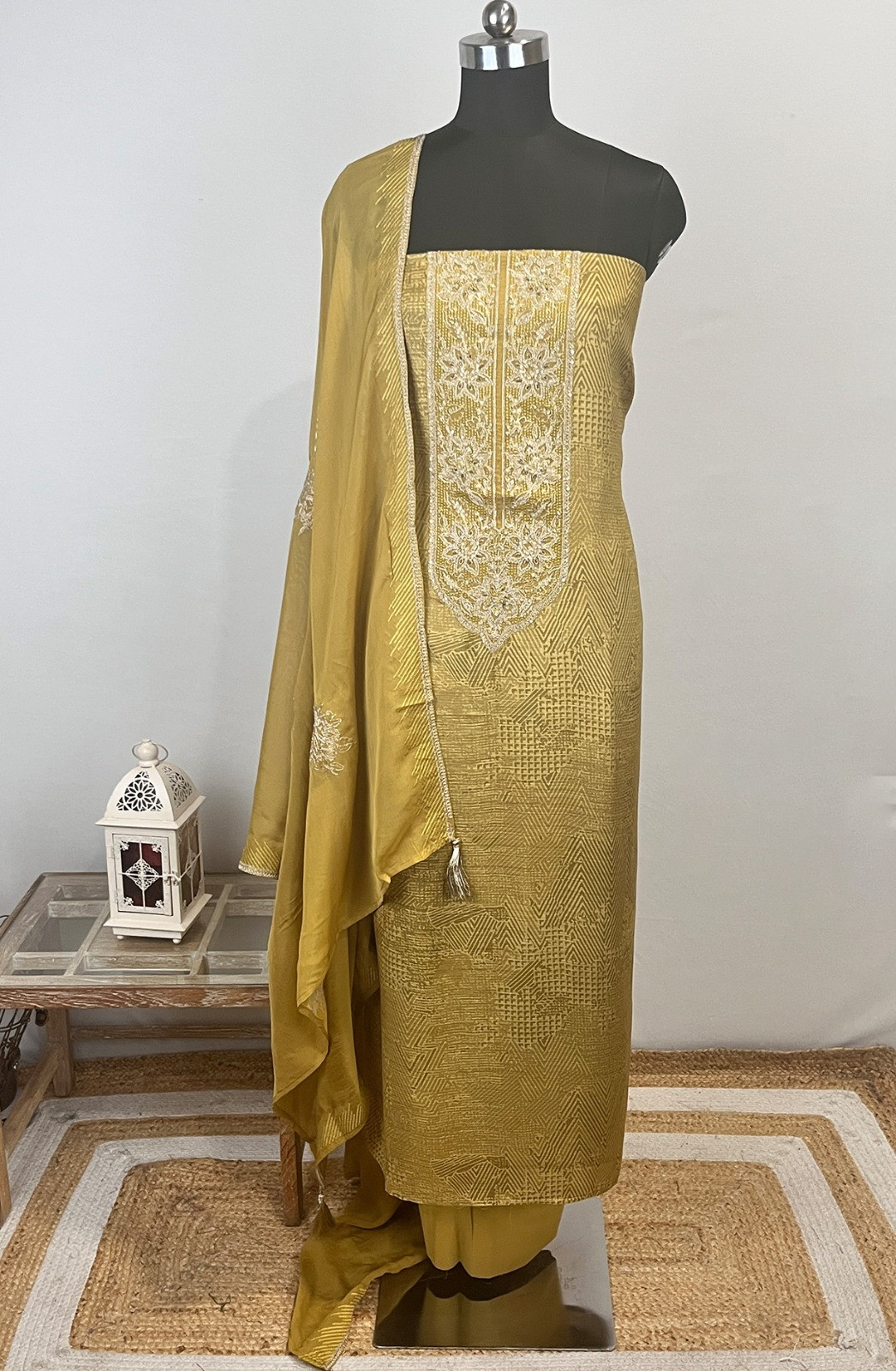 Yellow Silk Brocade  Suit Set with Silk Dupatta - USPSLK1303-1A