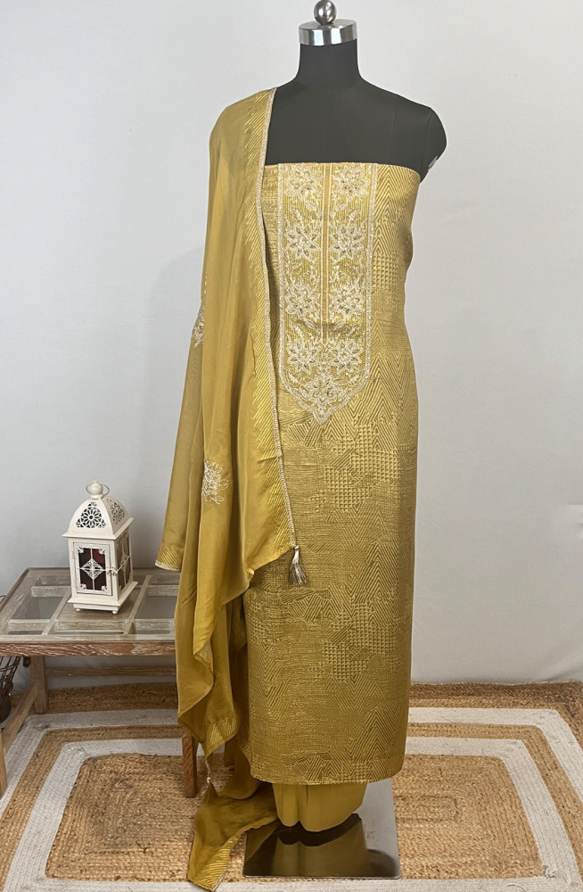 Image of Yellow Silk Brocade  Suit Set with Silk Dupatta - USPSLK1303-1A