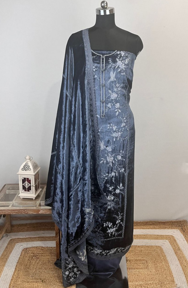 Image of Blue Velvet Suit Set with Dupatta - WEVAL120-1B