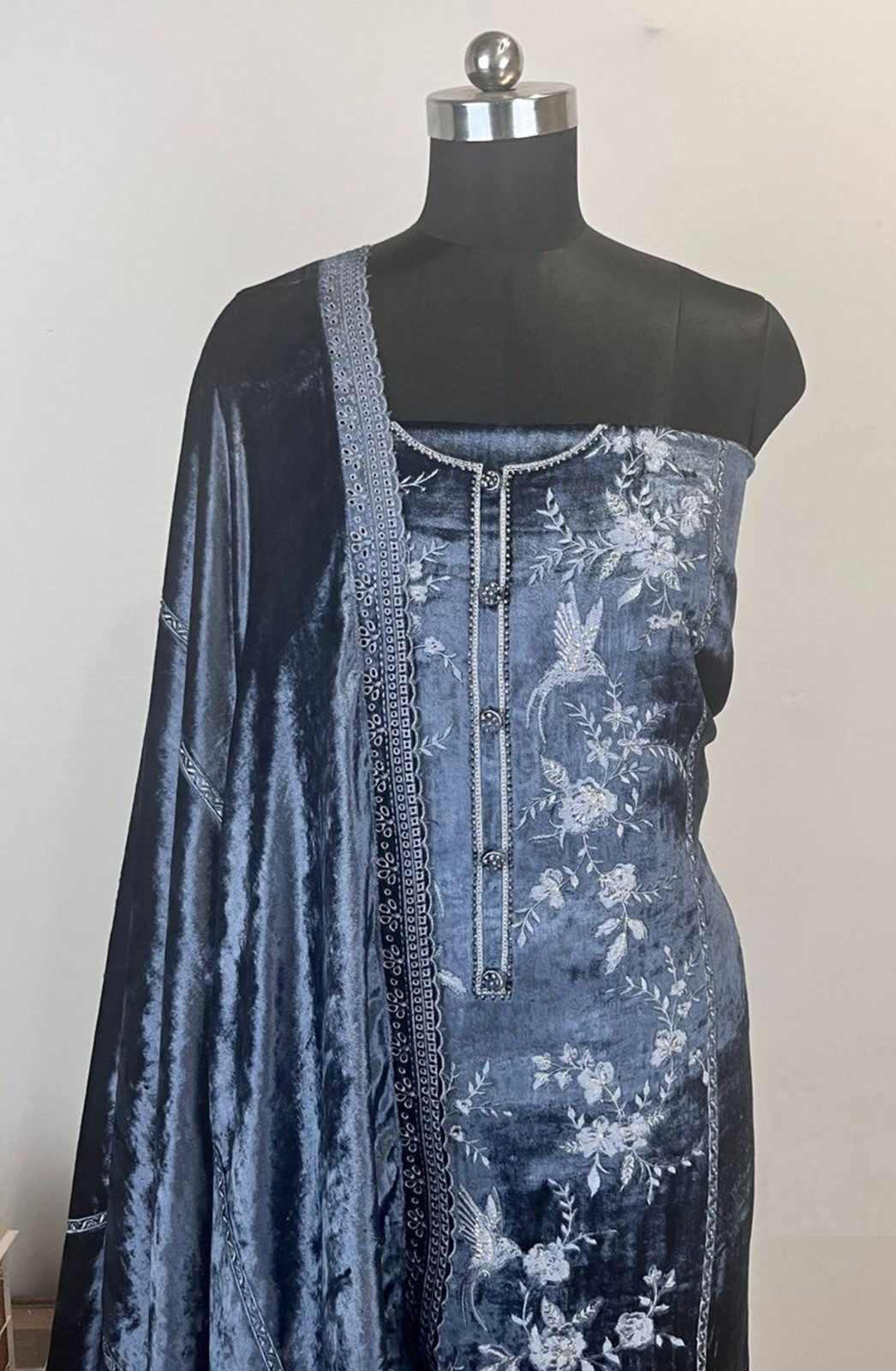 Blue Velvet Suit Set with Dupatta - WEVAL120-1B