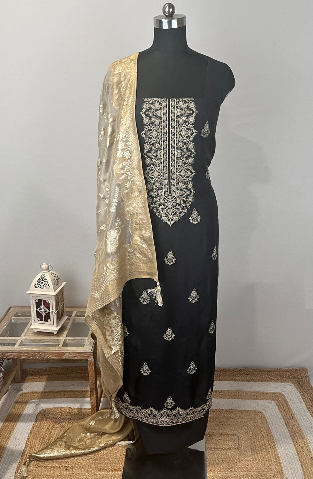 Black Silk Suit Set with Beige Dupatta - USPSLK1303-3C