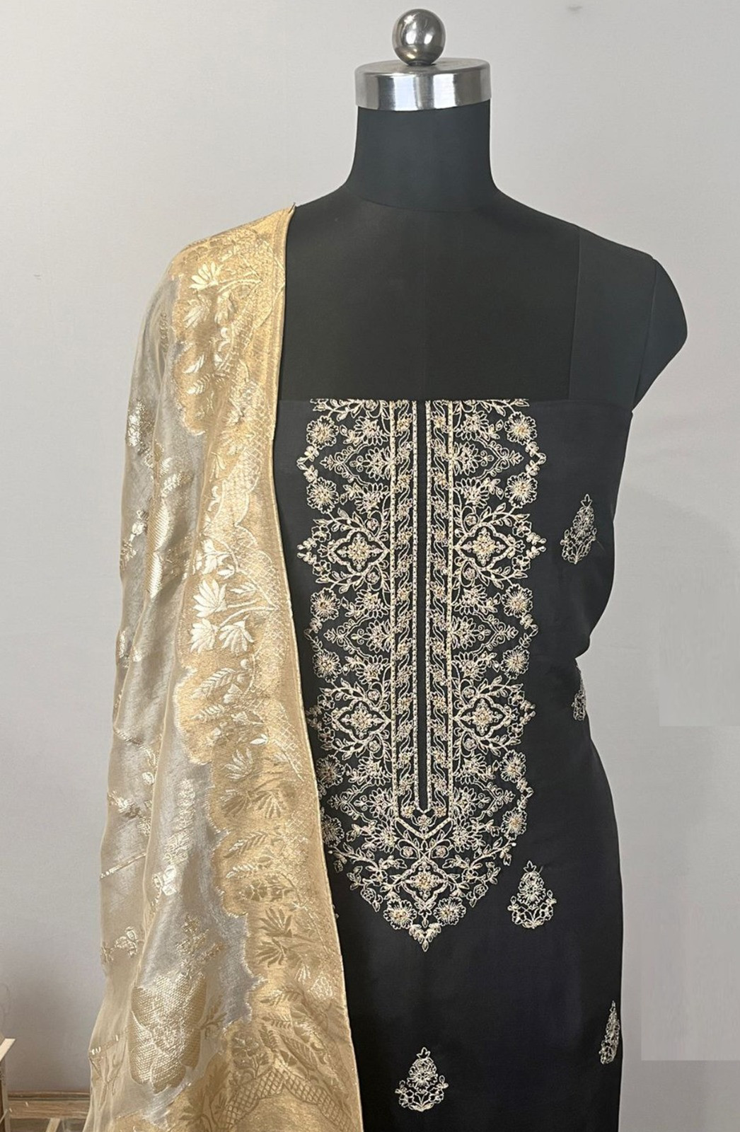 Black Silk Suit Set with Beige Dupatta - USPSLK1303-3C