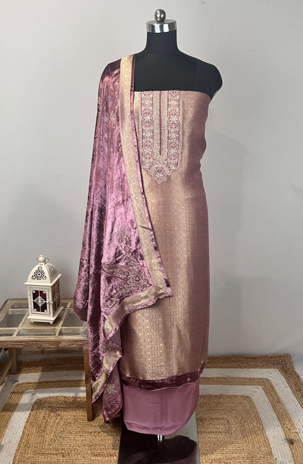 Pink Silk Suit Set with Velvet Shawl- USPSLK1302-1B