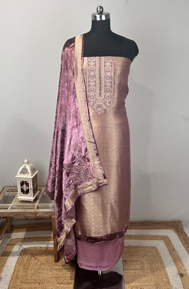 Image of Pink Silk Suit Set with Velvet Shawl- USPSLK1302-1B