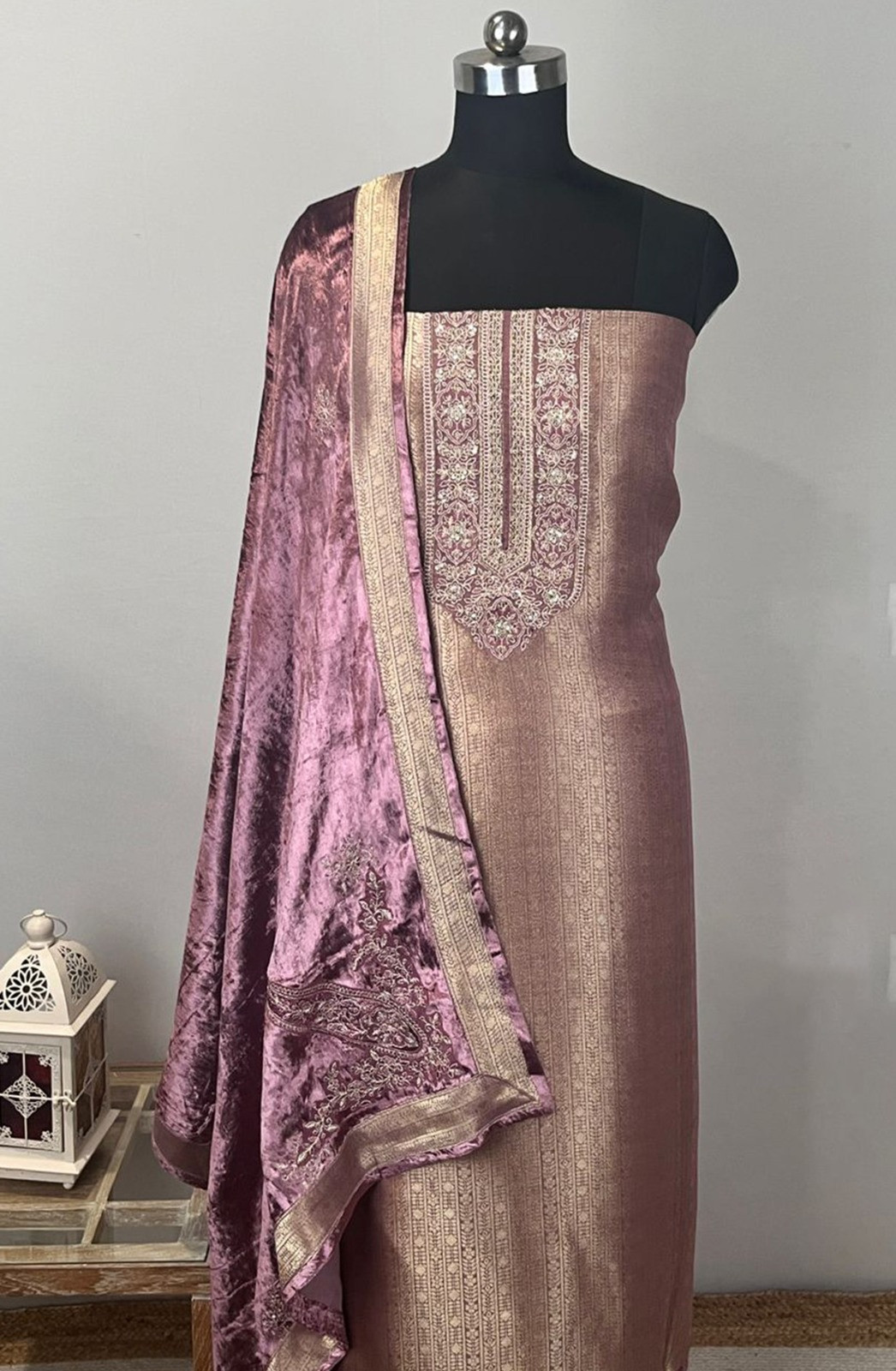 Pink Silk Suit Set with Velvet Shawl- USPSLK1302-1B