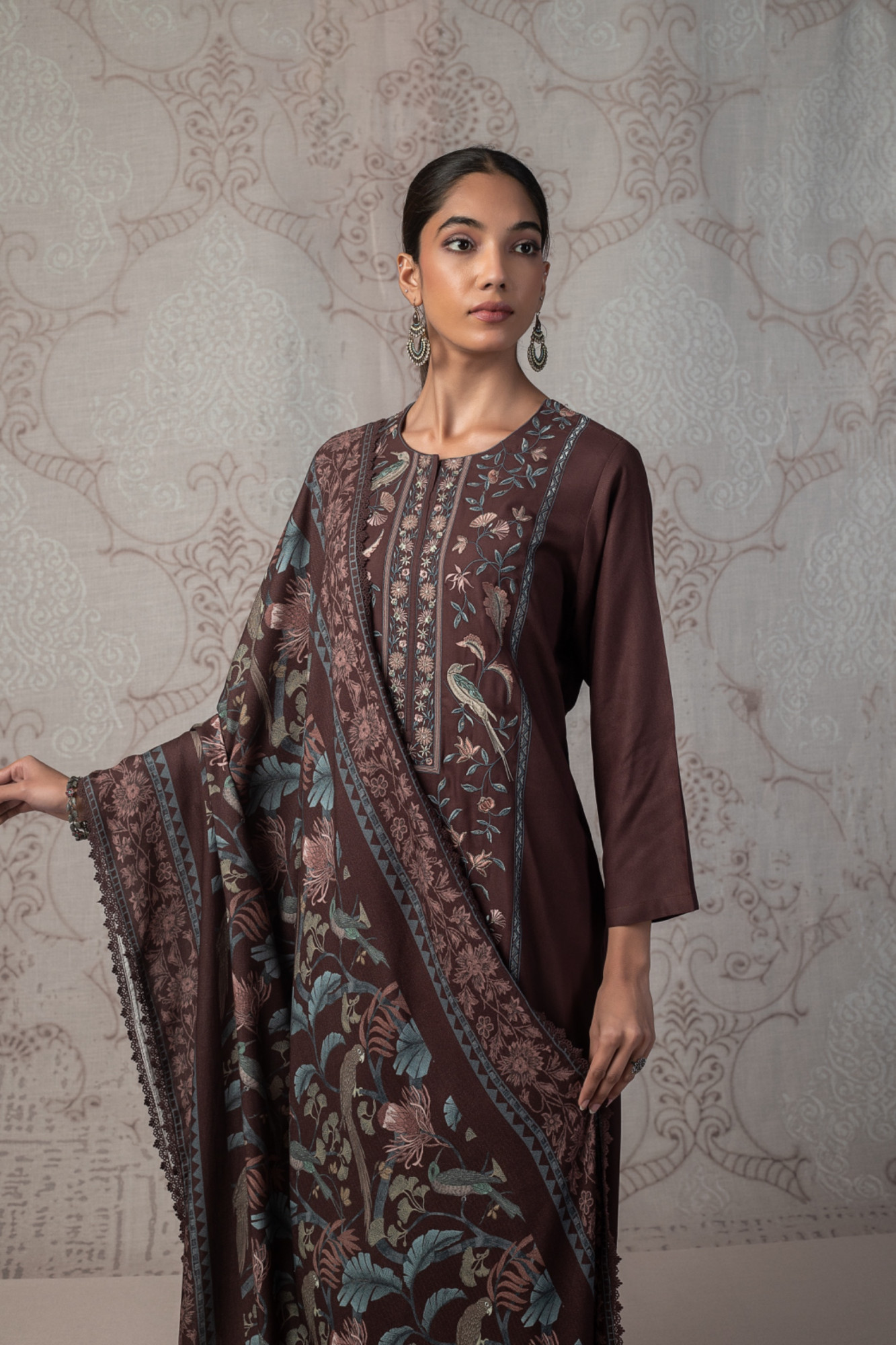 Coffee Pashmina Suit set with Dupatta- FID2164C