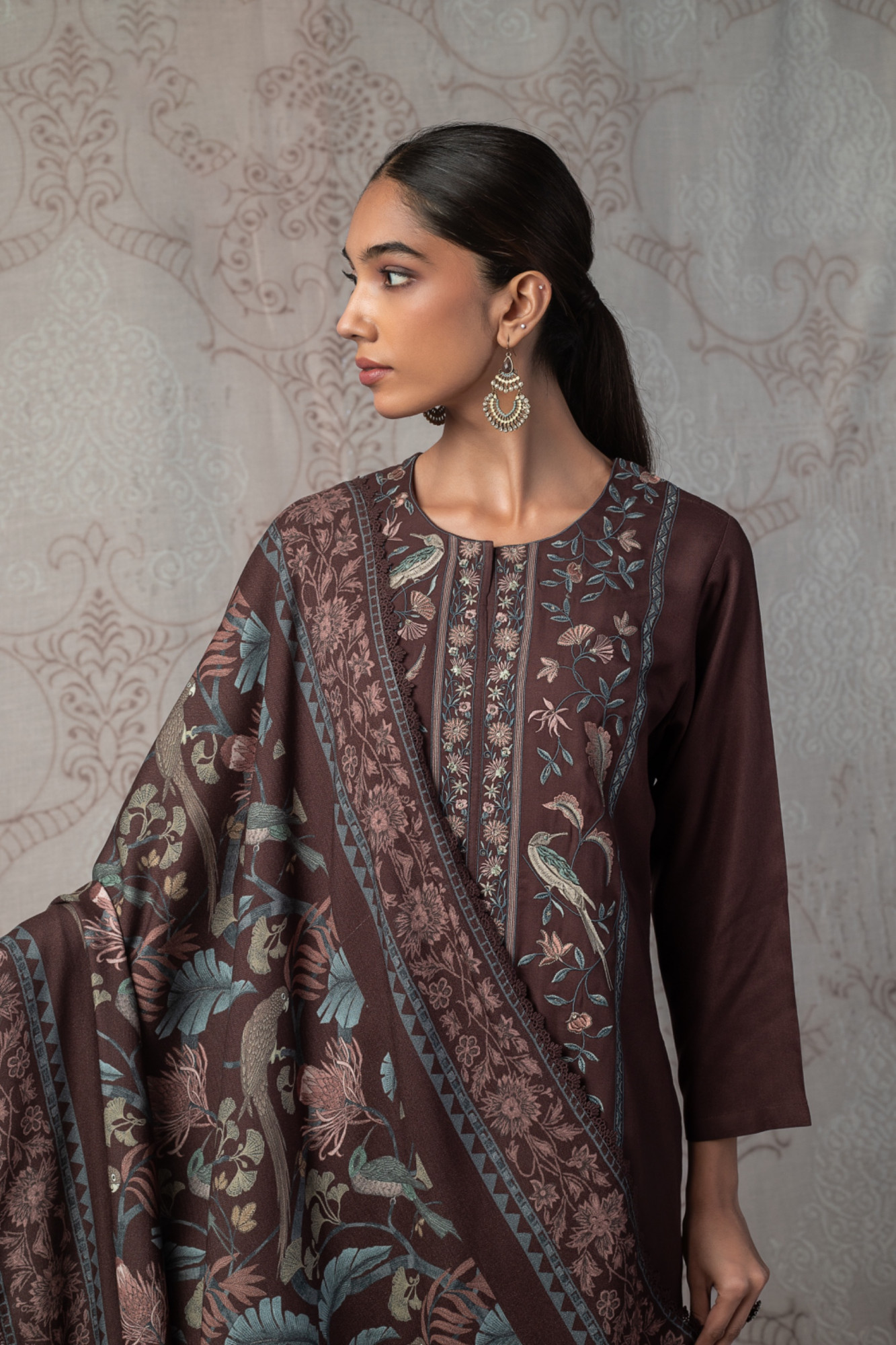 Coffee Pashmina Suit set with Dupatta- FID2164C