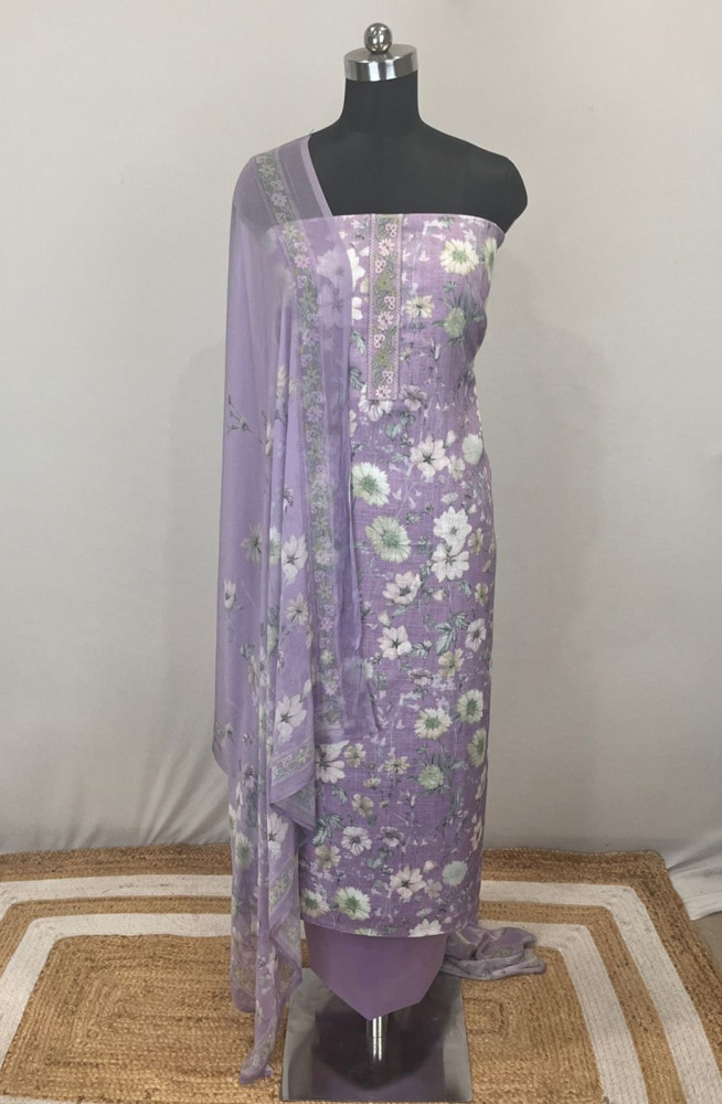 Image of Lavender Cotton Linen Suit set with Chiffon Dupatta- BER2853
