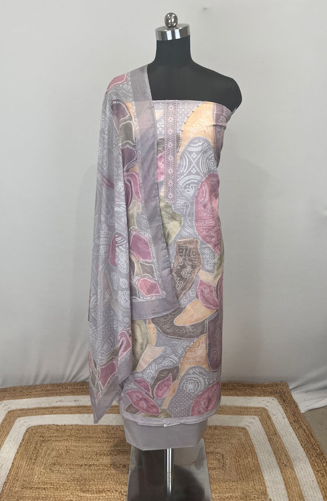 Grey Cotton Suit set with Cotton Dupatta- RID1203