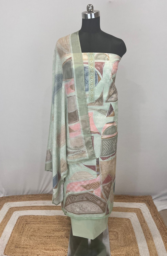 Image of Green Cotton Suit set with Cotton Dupatta- RID1204