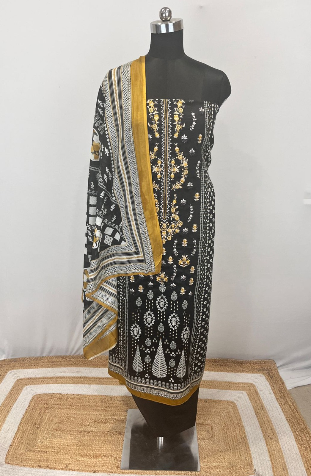 Black Cotton Suit set with Cotton Dupatta- NOO1101