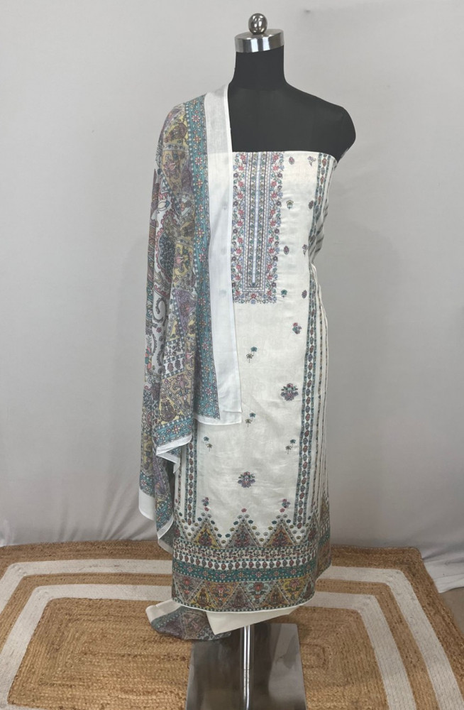 Image of White Cotton Suit set with Cotton Dupatta- NOO1106