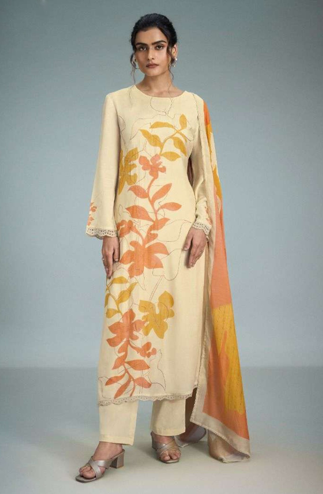 Cream Muslin Beautiful Suit Set with Dupatta - SAK11081A