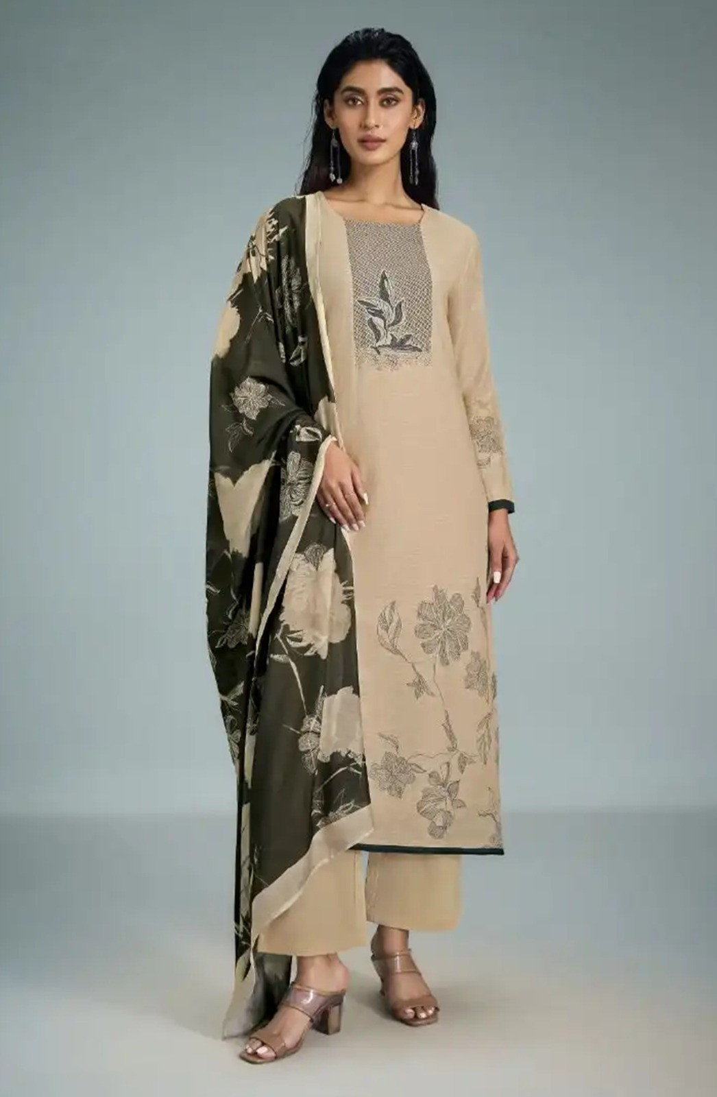 Beige Cotton Digital Printed Suit Set with Dupatta - GAT11091C