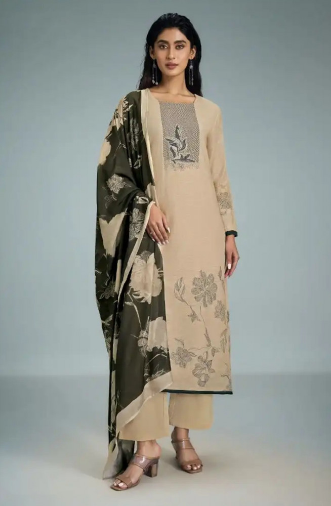 Image of Beige Cotton Digital Printed Suit Set with Dupatta - GAT11091C