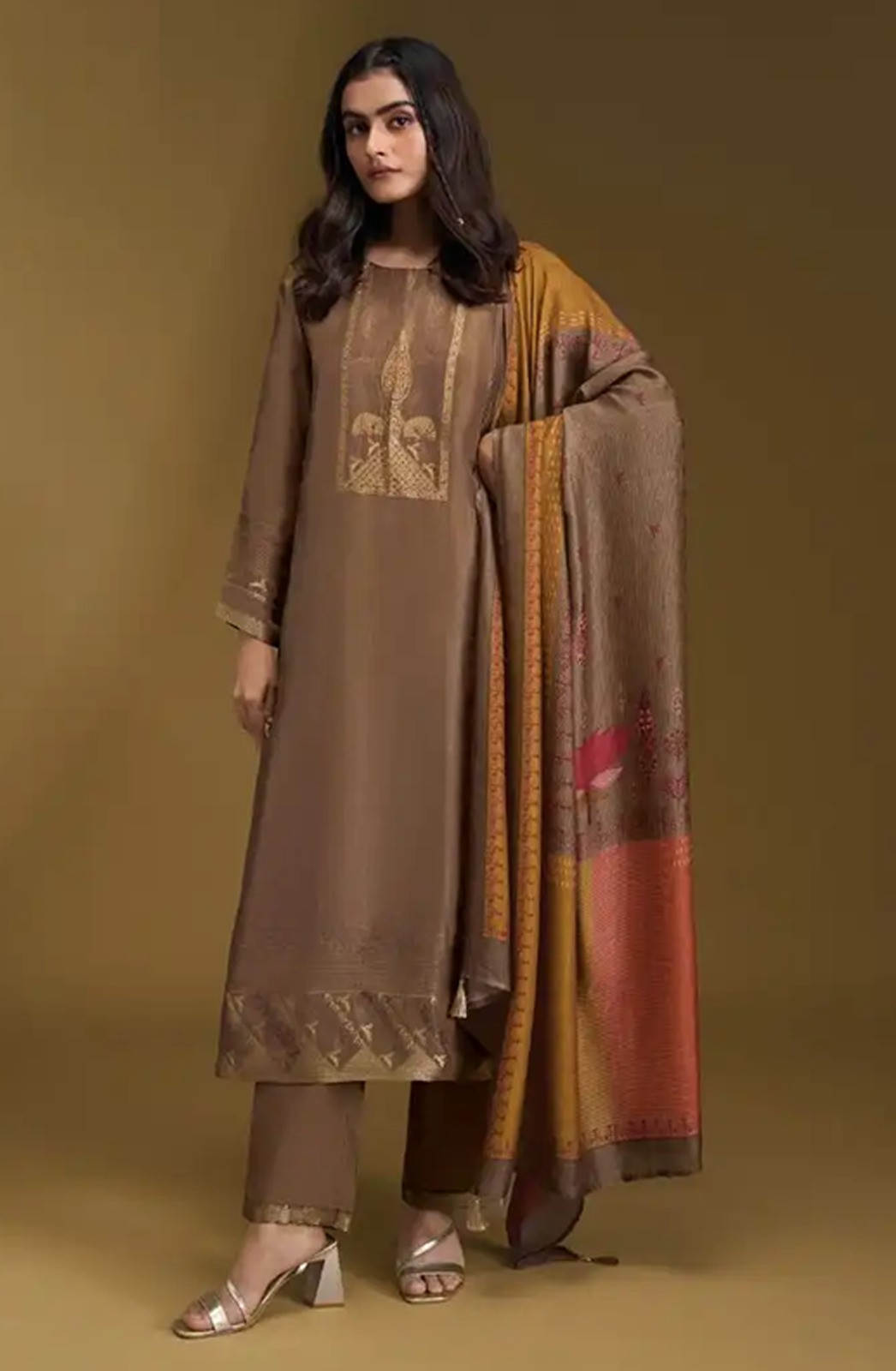 Brown Russian silk jacquard Suit Set with Dupatta - PAR11071C