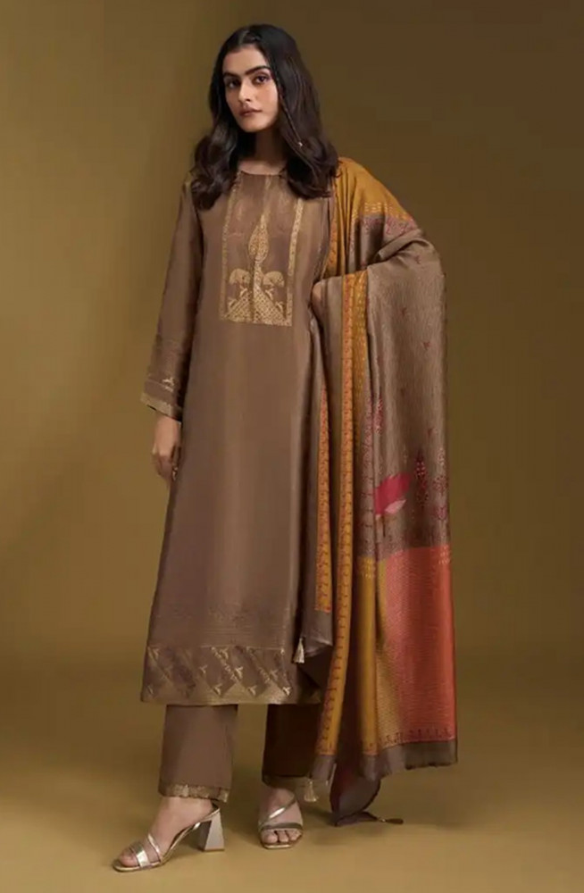 Image of Brown Russian silk jacquard Suit Set with Dupatta - PAR11071C