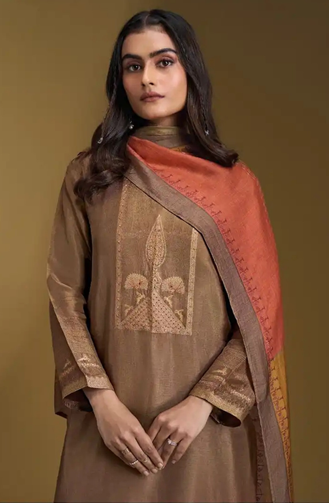 Brown Russian silk jacquard Suit Set with Dupatta - PAR11071C
