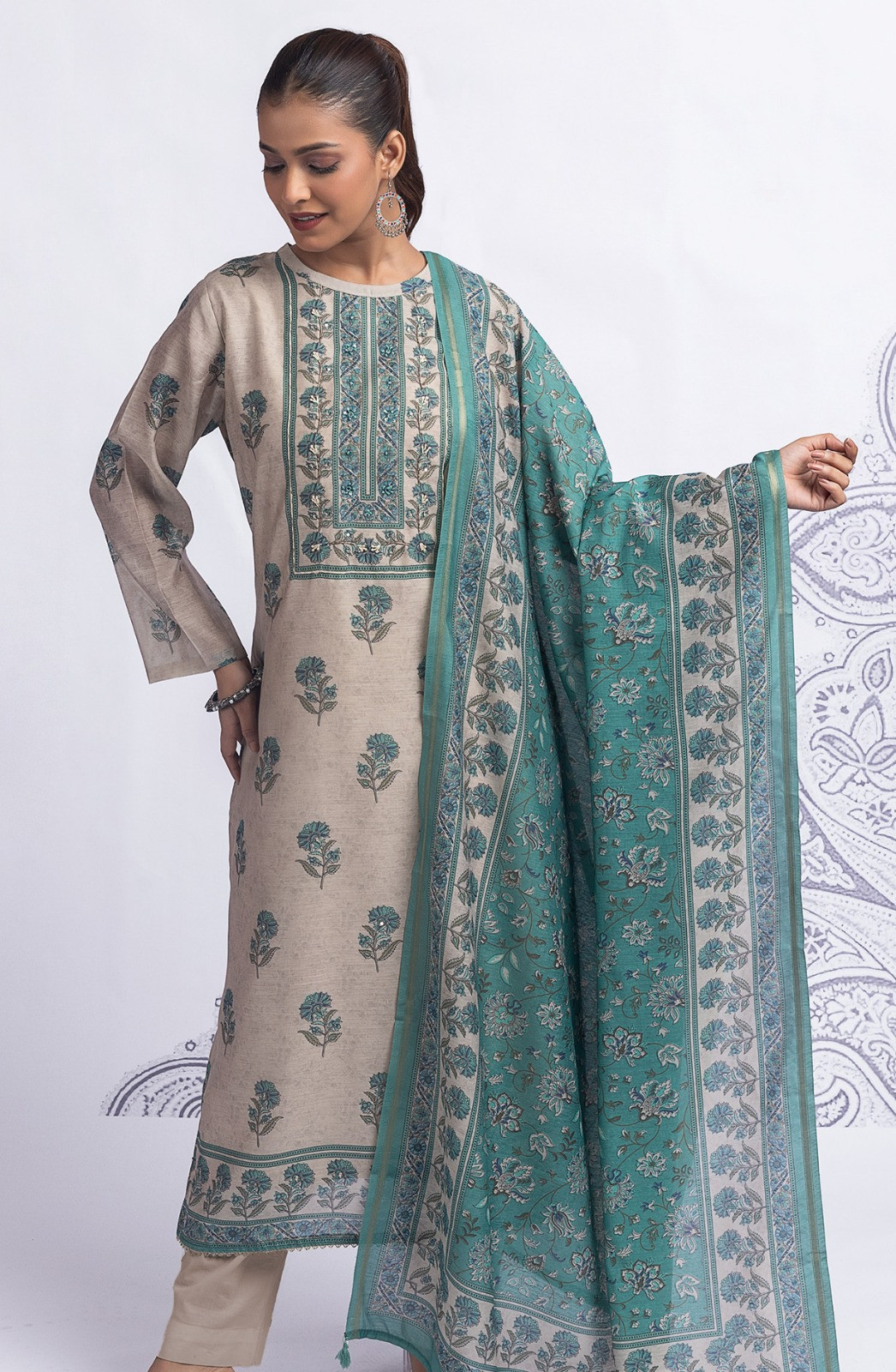 Green Cotton Suit Set with Beautiful Dupatta - 1020-4895A