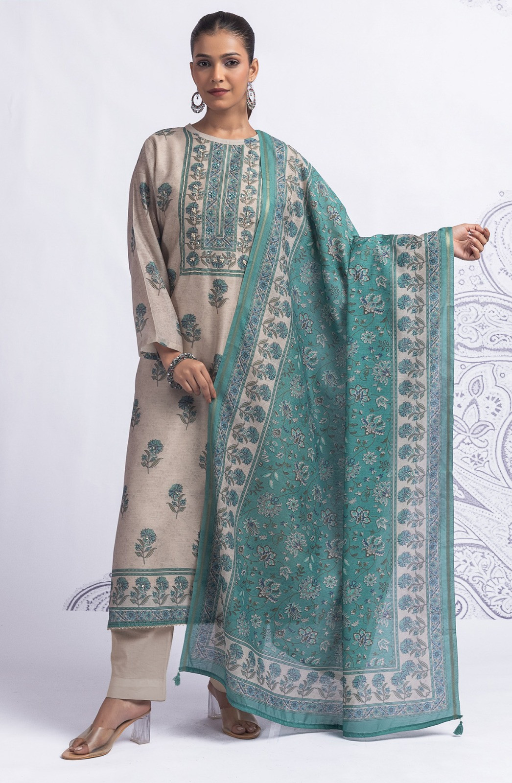 Green Cotton Suit Set with Beautiful Dupatta - 1020-4895A