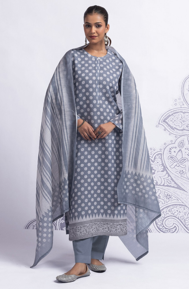 Image of Grey Cotton Suit Set with Beautiful Dupatta - 1020-4919
