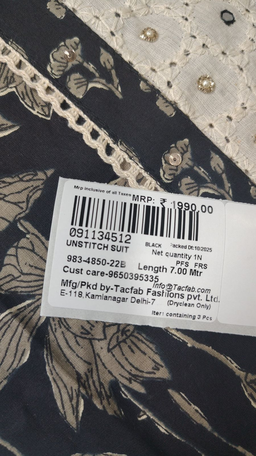 Black cotton Unstitched Suit Set with Dupatta - 983-4850-22B