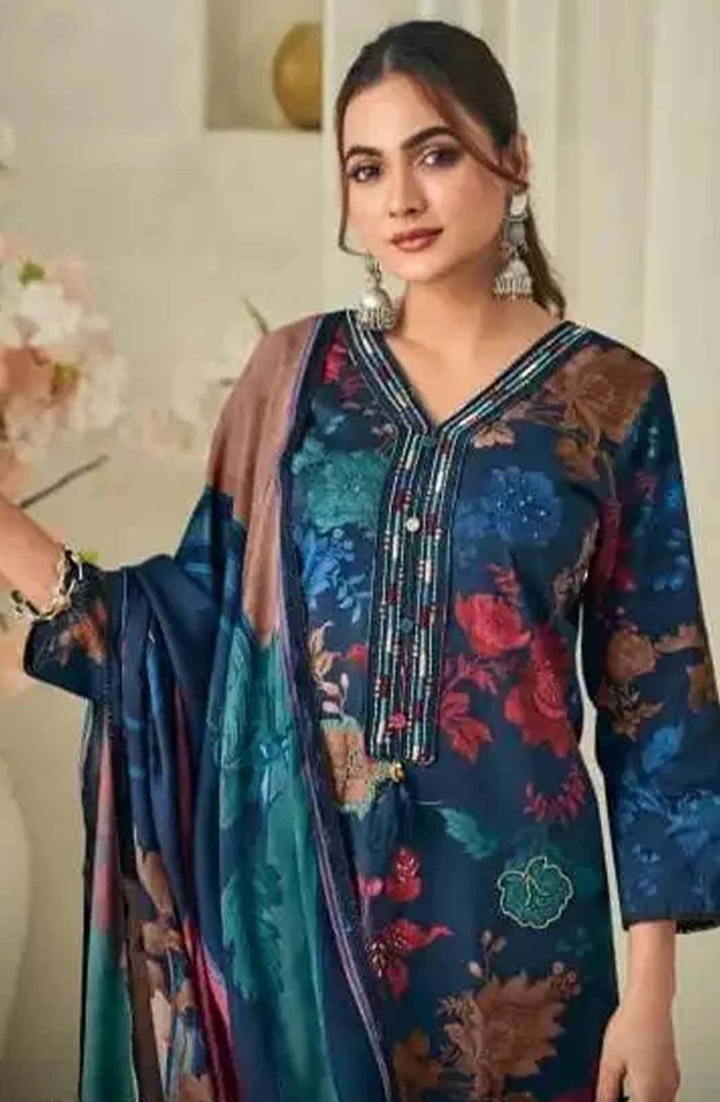 Blue cotton beautiful Unstitched Suit Set with Dupatta - MEH10463