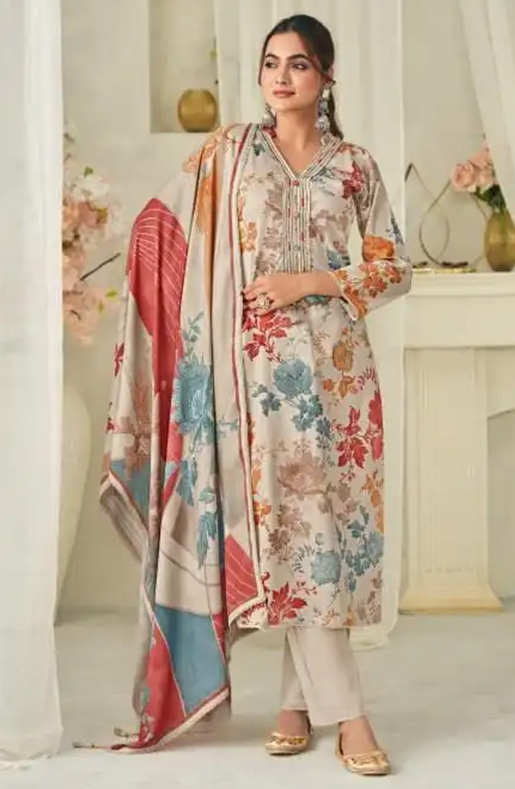 Beige cotton beautiful Unstitched Suit Set with Dupatta - MEH10462