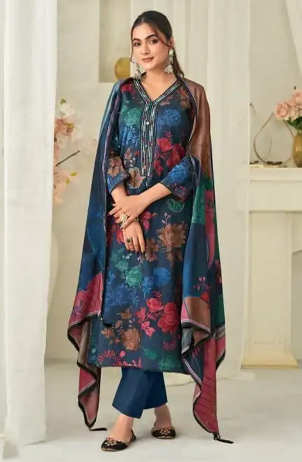 Blue cotton beautiful Unstitched Suit Set with Dupatta - MEH10463