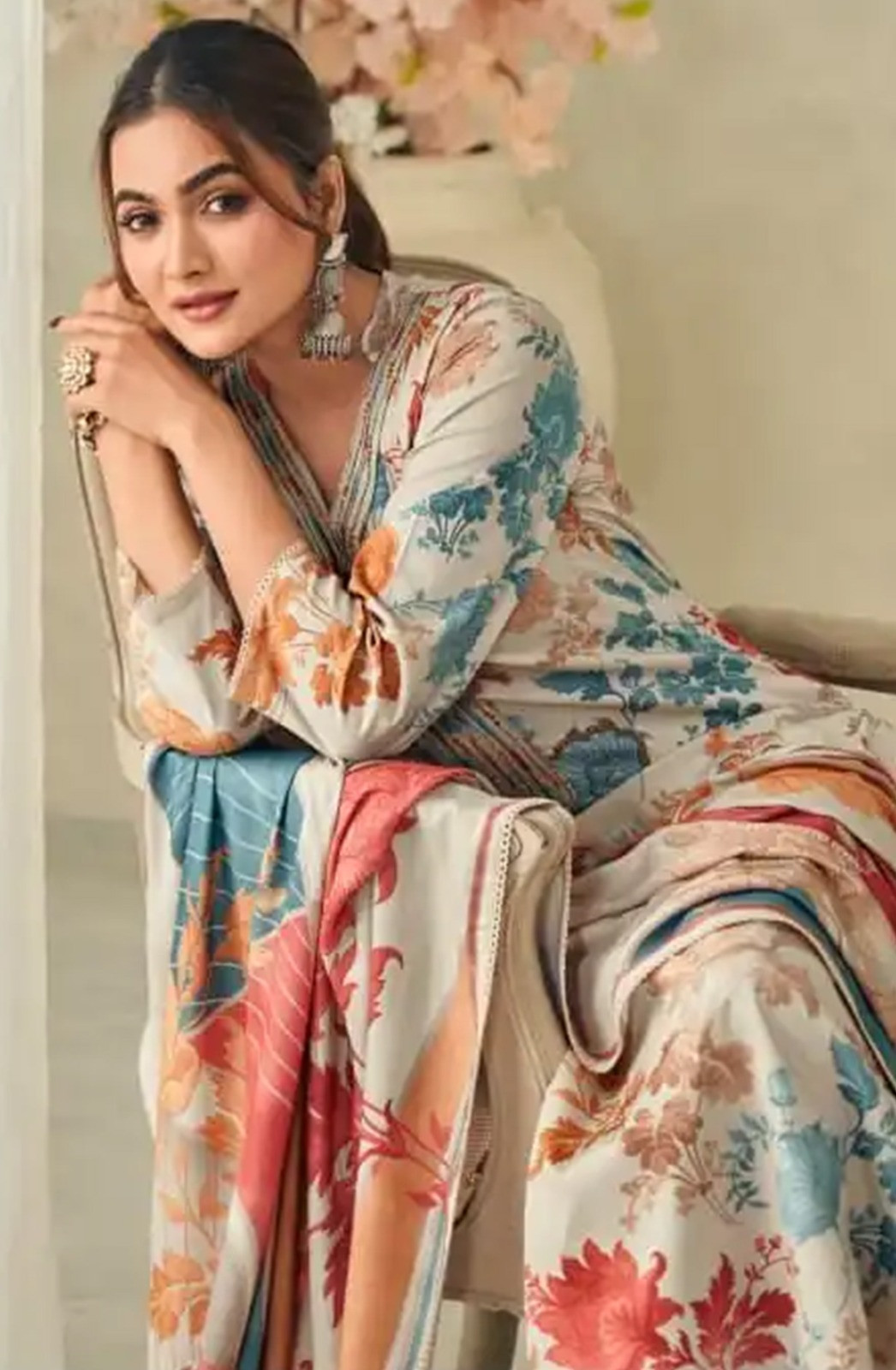 Beige cotton beautiful Unstitched Suit Set with Dupatta - MEH10462