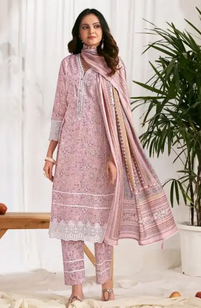 Image of Pink cotton block print Unstitched Suit Set with Dupatta - VAR10512