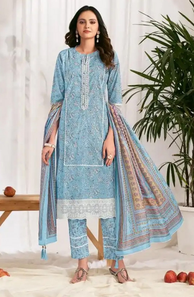 Image of Blue cotton block print Unstitched Suit Set with Dupatta - VAR10514