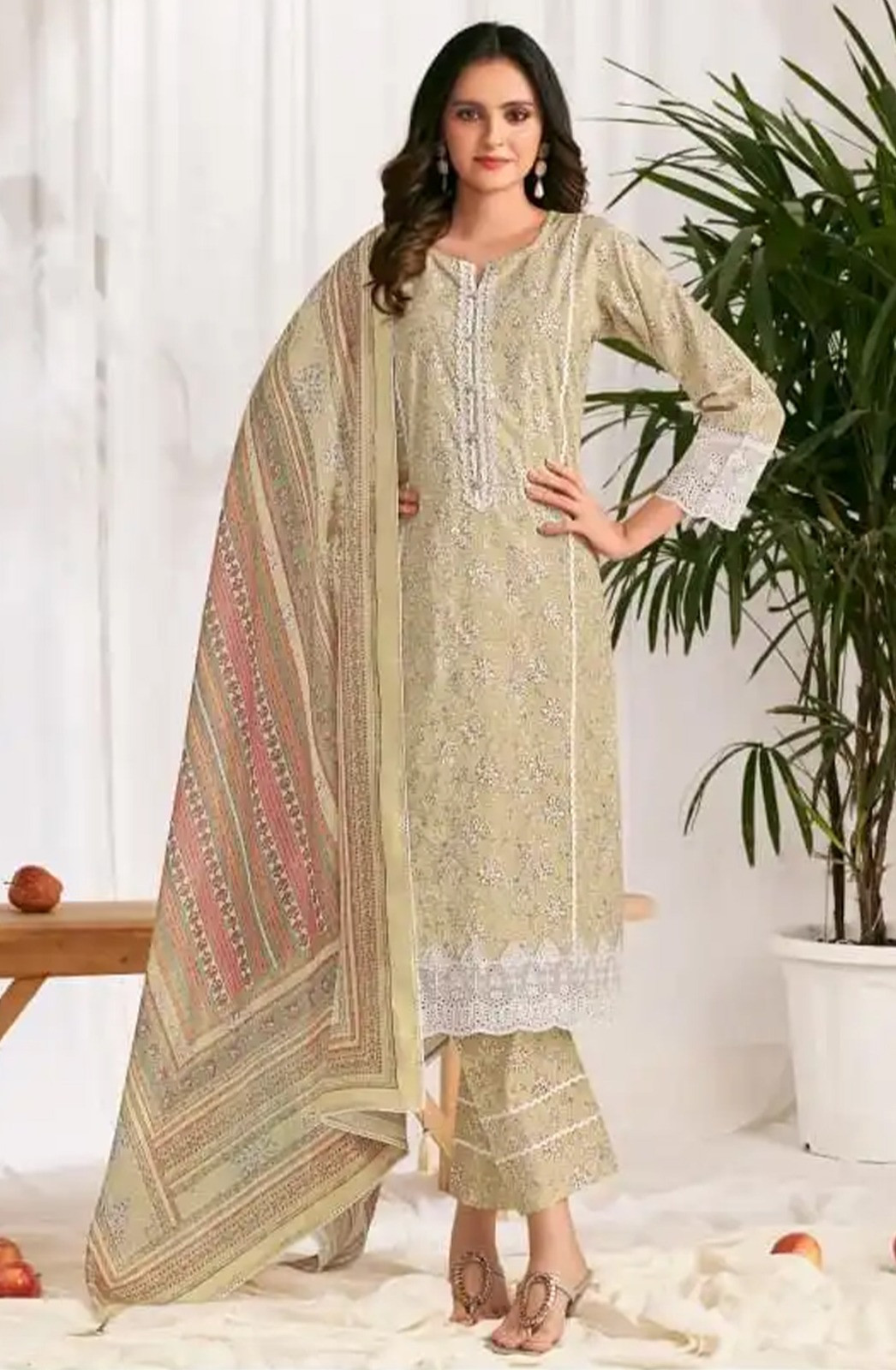 Olive cotton block print Unstitched Suit Set with Dupatta - VAR10513