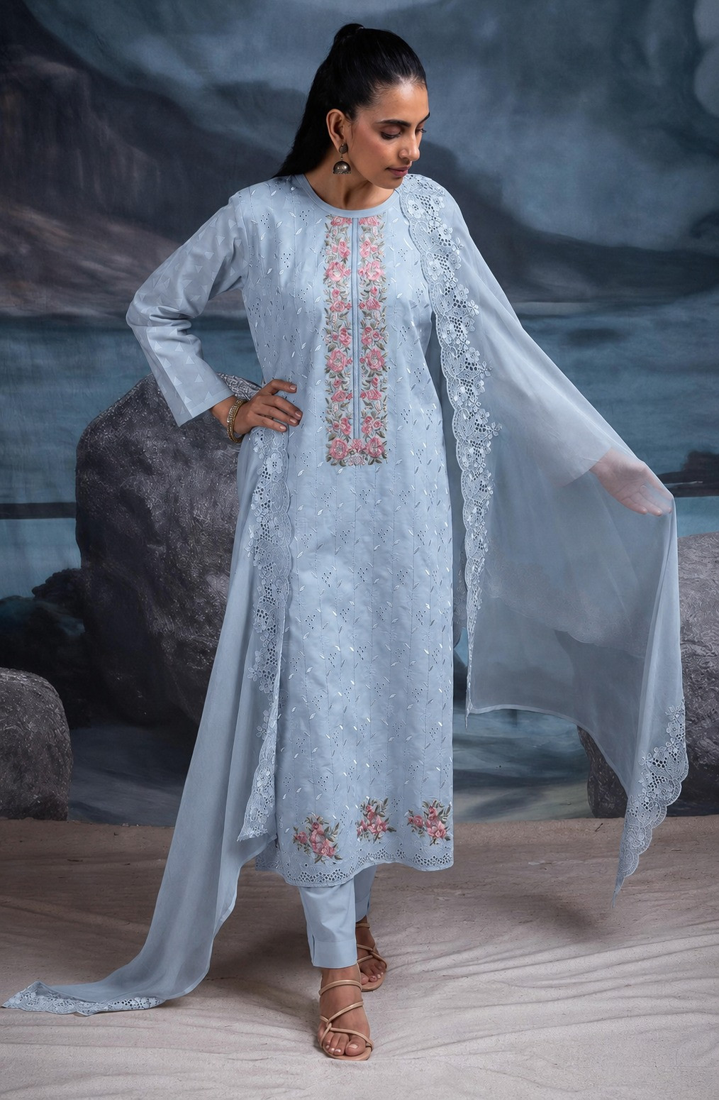 Blue Pure Cotton Butta Beautiful Suit Set with Dupatta - TANNSF134B
