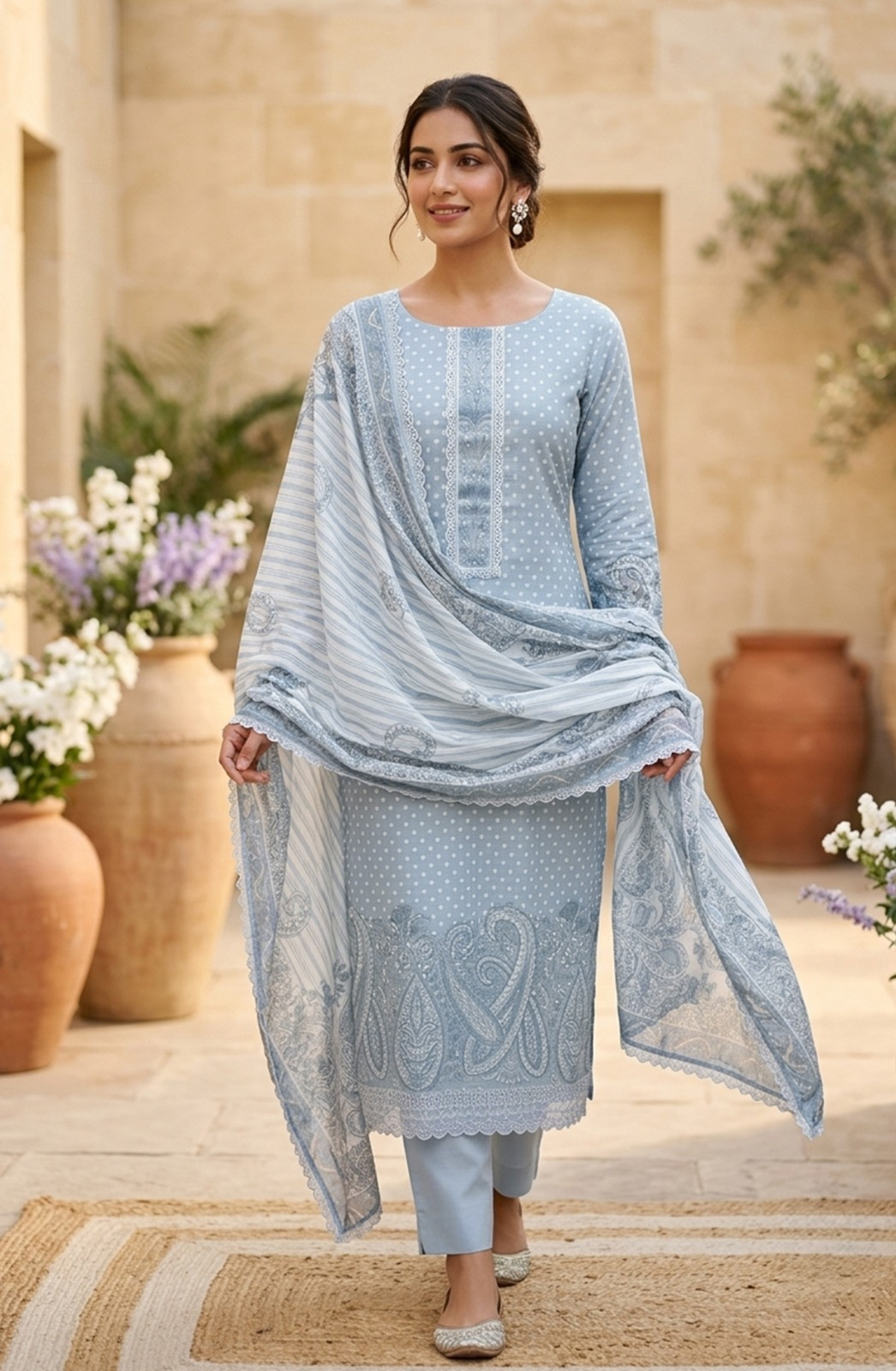 Blue Digital Printed Linen Suit Set with Dupatta - 245-SUMCOT1503-9