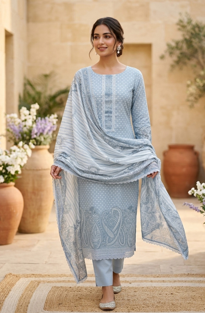 Image of Blue Digital Printed Linen Suit Set with Dupatta - 245-SUMCOT1503-9