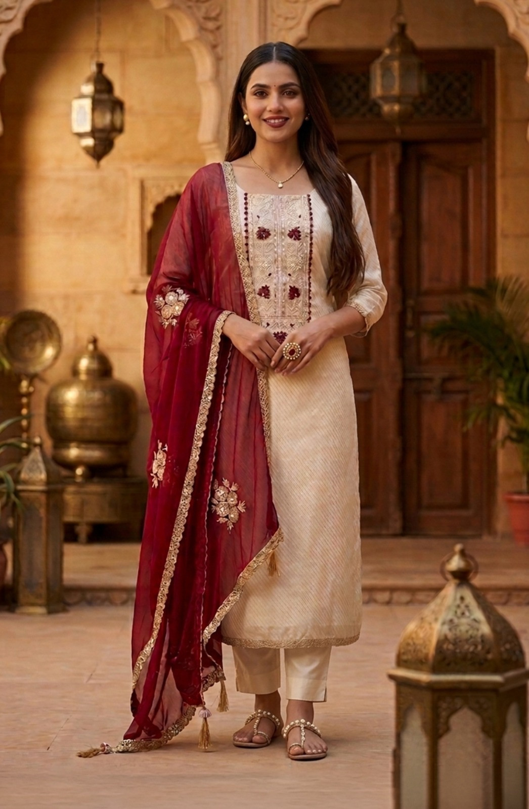 Beige  Shimmer Unstitched Suit Set with Beautiful Maroon Dupatta - 693-AGJ50558