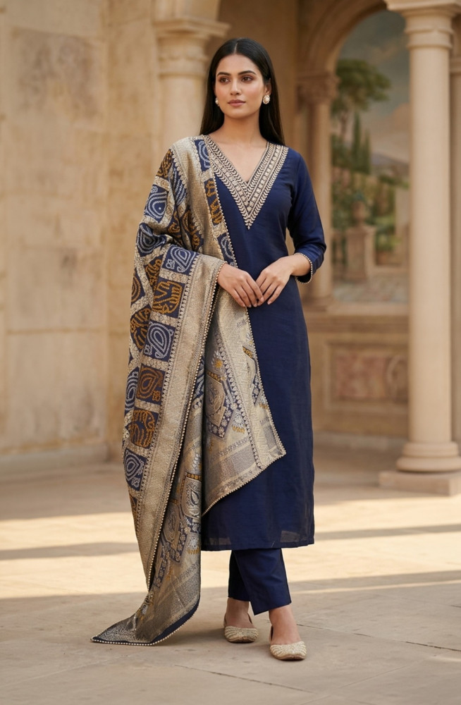 Image of Blue Raw Silk Unstitched Beautiful Suit Set with Dupatta - 693-JFJ1147