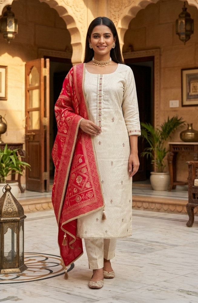 Image of Off- White Chanderi Unstitched Suit Set with Beautiful Rani Dupatta - 693-JDF3196
