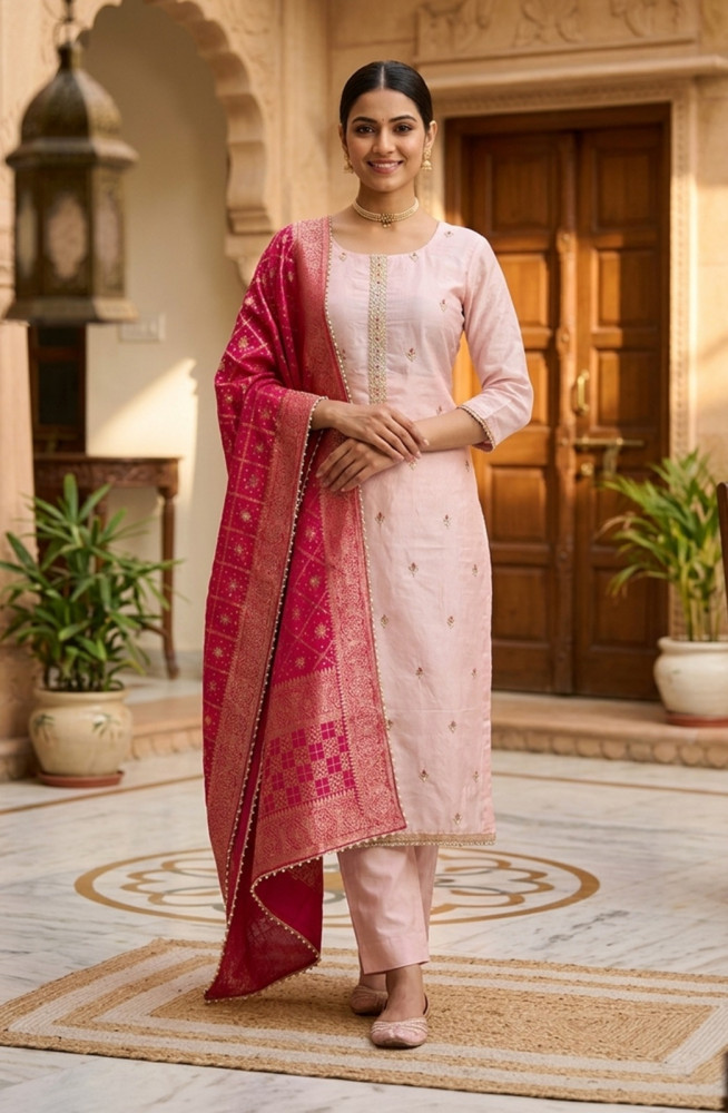 Image of Pink Chanderi Unstitched Suit Set with Beautiful Rani Dupatta - 693-JDF3188