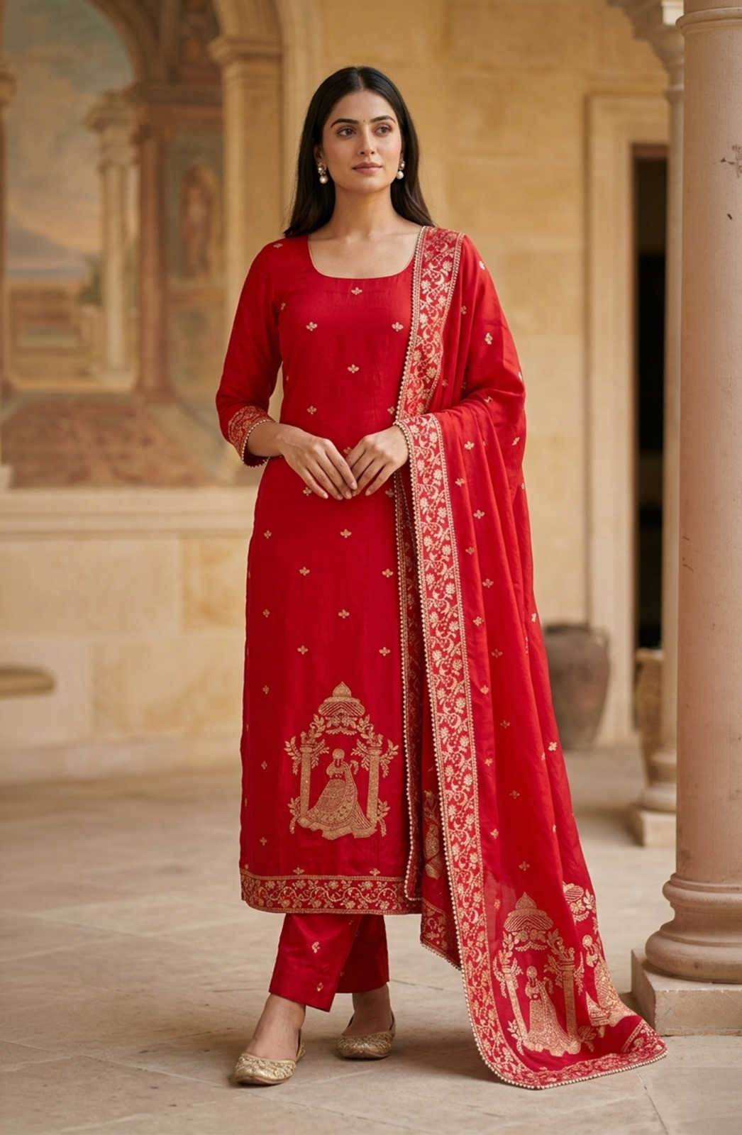 Red Silk Unstitched Suit Set with Beautiful Dupatta - 693-JFJ944A