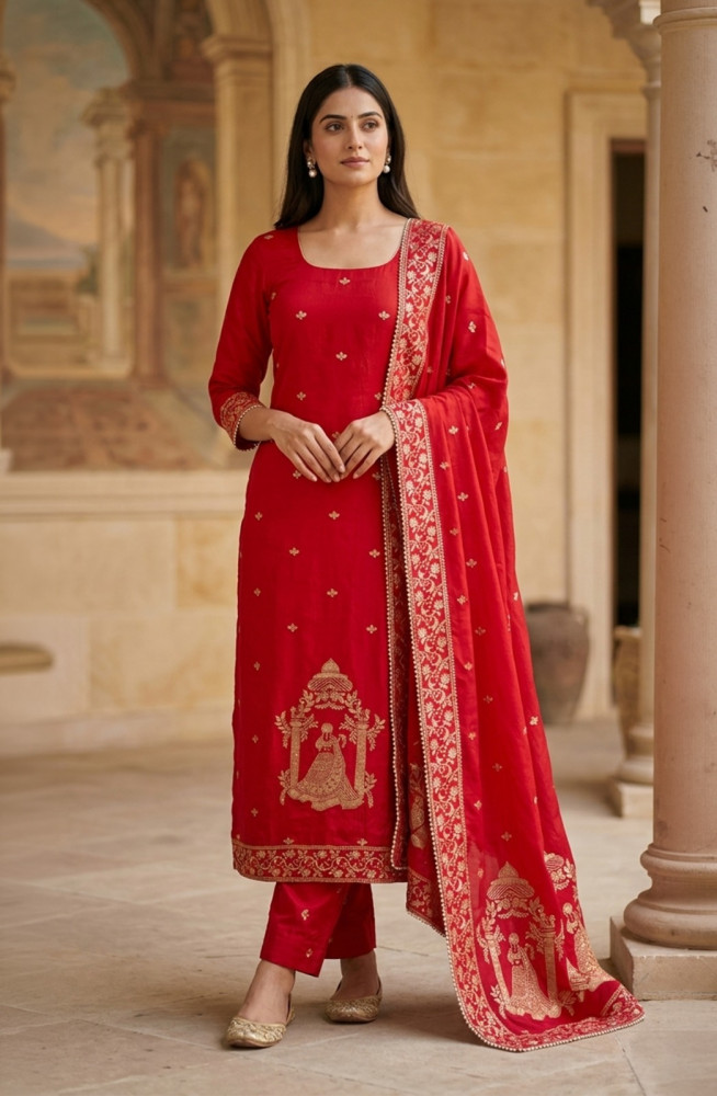 Image of Red Silk Unstitched Suit Set with Beautiful Dupatta - 693-JFJ944A