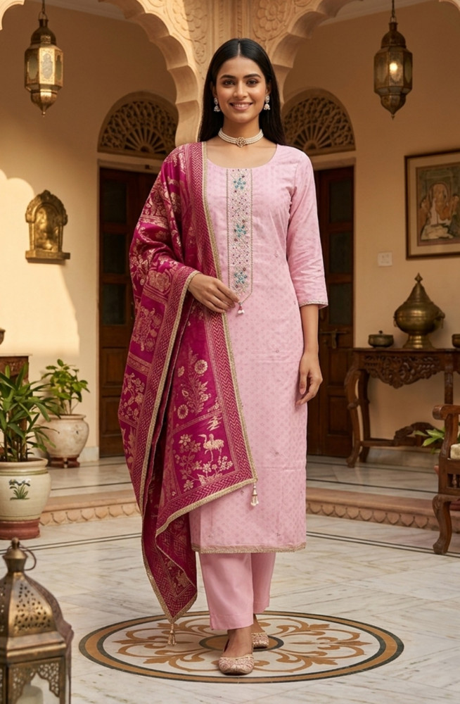Image of Pink Silk Unstitched Suit Set with Beautiful Rani Dupatta - 693-JDF3205