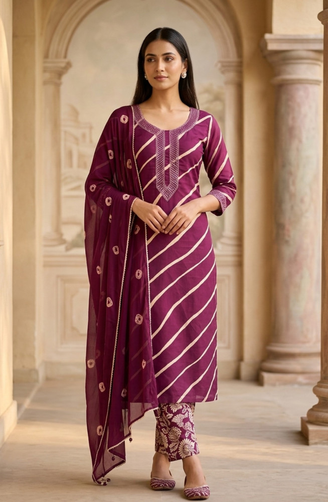 Image of Wine Cotton Unstitched Beautiful Suit Set with Dupatta - 693-PFJ5056